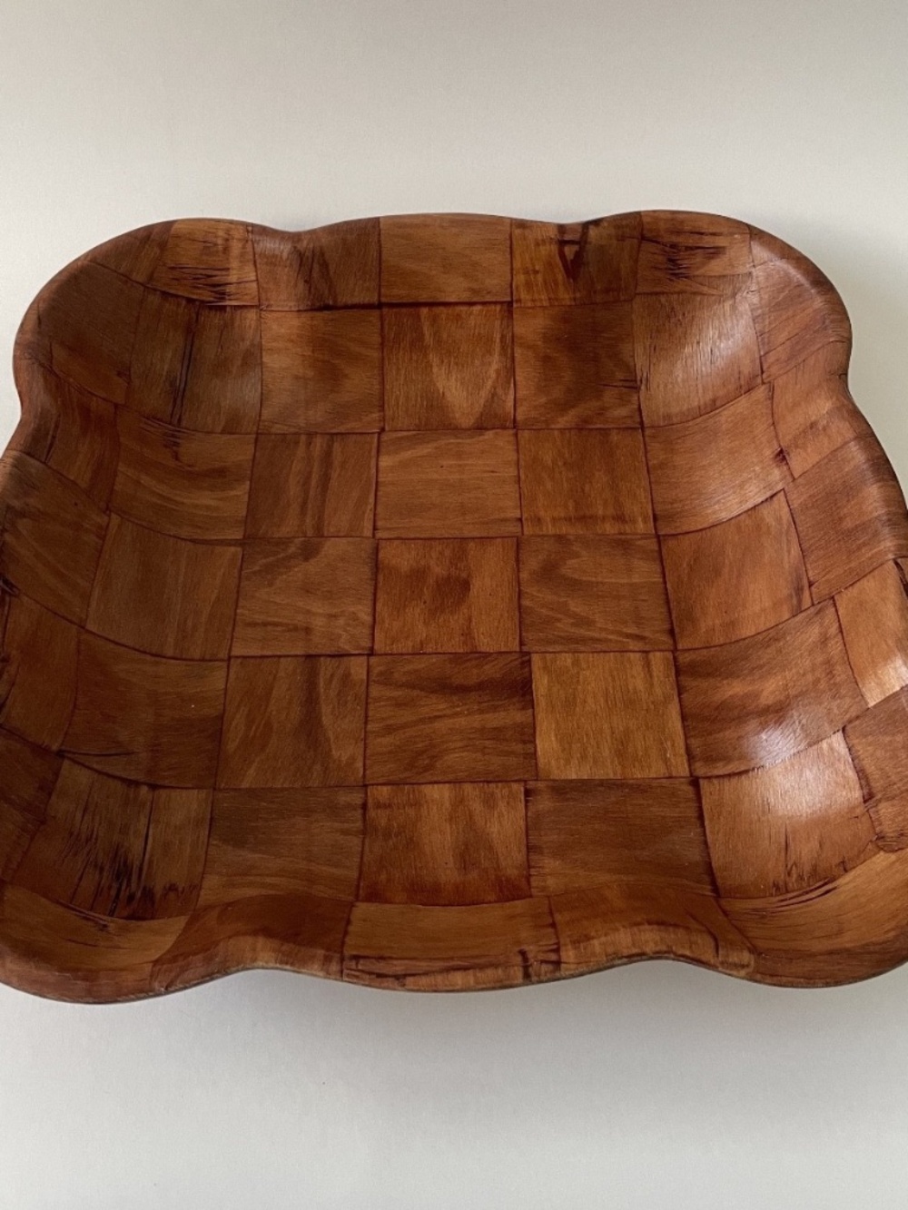 VTG Woven Wooden Bamboo Scalloped Square Bowl Parquet Salad Snack Bowl Decor